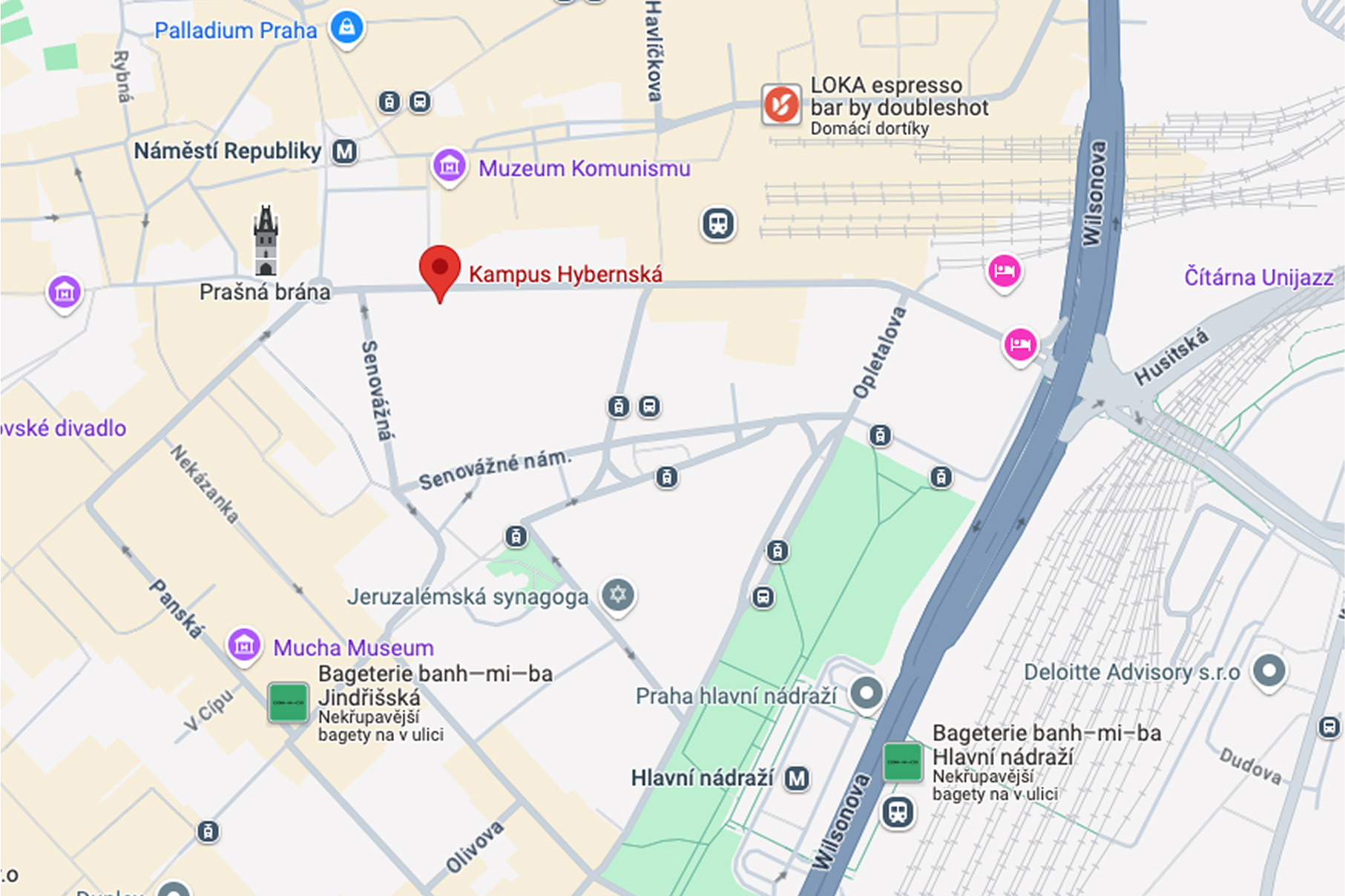 Mapa s umístěním Kampusu Hybernská